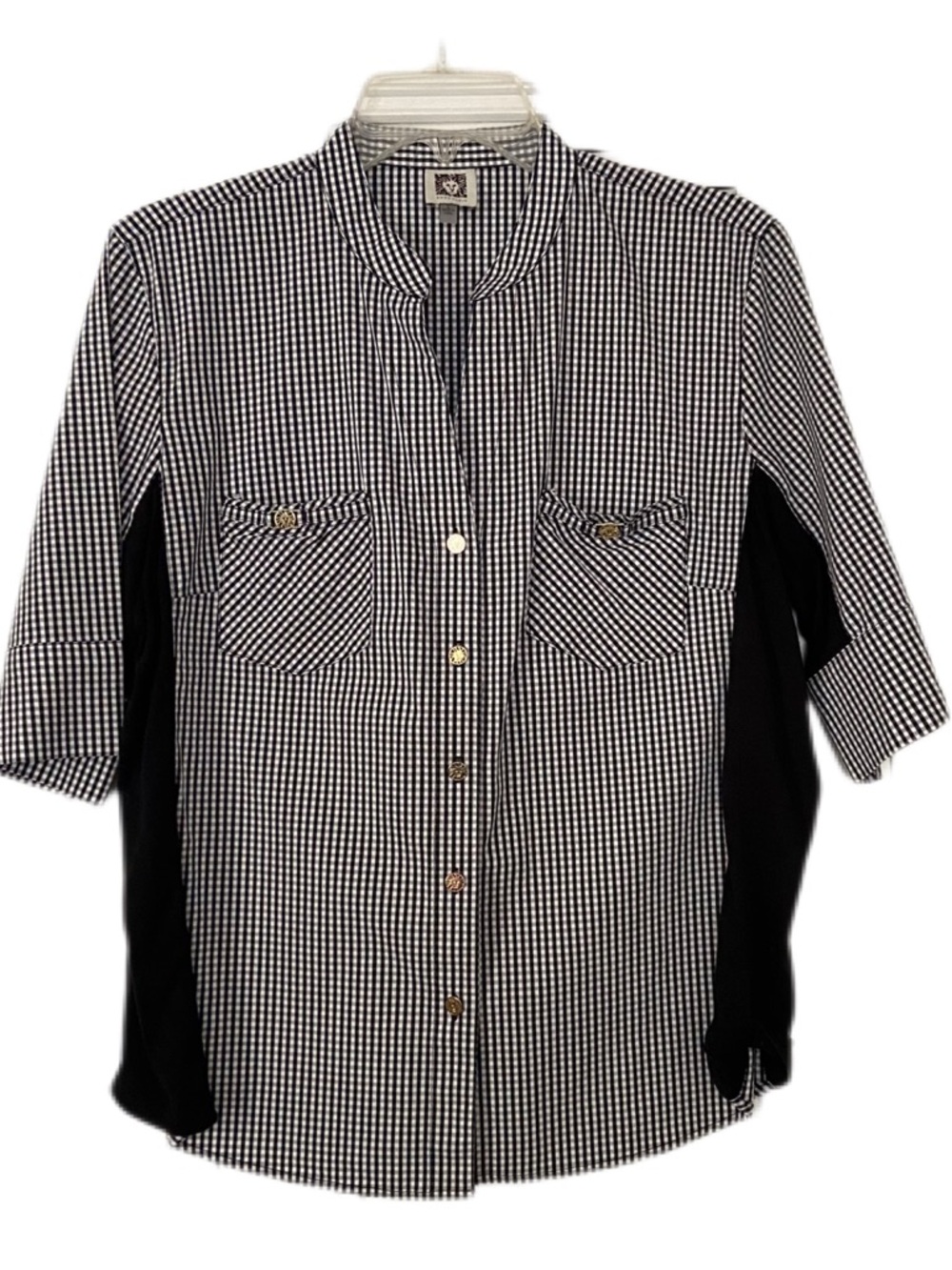 Anne Klein Mixed Media Black and White Gingham Button-Front Shirt Size Large